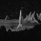 Une navette spatiale posée sur une planète rocheuse, en noir et blanc, en plan d'ensemble, dans le film La fusée de l'épouvante.