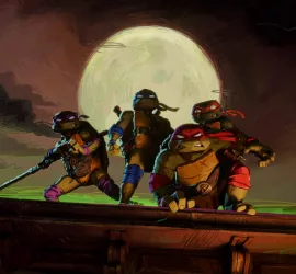 Les quatre tortues ninjas de Ninja Turtles : Teenage Years posent sur un toi de nuit, prêtes au combat, tandis qu'une pleine lune luit derrière eux.