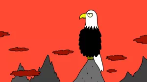 Un aigle majestueux et fier trônent sur un pic, sous un ciel rouge, dans le film Birds whose legs break off sélectionné au festival Court-Métrange.