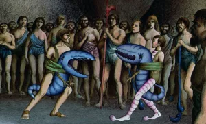 Combat entre deux êtres qui ressemblent à des crocodiles bleues, sous les yeux d'une tribu d'humains primitifs, dans le film La planète sauvage.