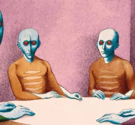 Quatre extraterrestres au visage bleu, glabre, chauve, et aux yeux rouges, sont assis autour d'une table vide, et nous regardent ; plan issu du long-métrage d'animation La planète sauvage.