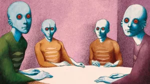 Quatre extraterrestres au visage bleu, glabre, chauve, et aux yeux rouges, sont assis autour d'une table vide, et nous regardent ; plan issu du long-métrage d'animation La planète sauvage.
