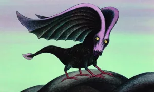 Une chimère au corps d'oiseau mais au visage de chien squelettique, avec des ailes sur le crâne, est posé sur un rocher, dans le film La planète sauvage.