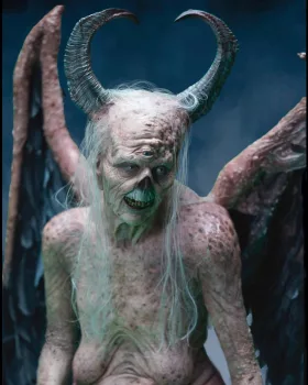Une vieille femme créature, avec des cornes et des ailes de diable, un œil au milieu du front, torse nu, issue du film L'Exorciste : Dévotion.