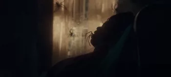 Une araignée monte sur le visage d'une silhouette allongée sur une chaise pliante ; plan de trois-quarts, en contre-jour, issu du film Vermines de Sébastien Vaniček.