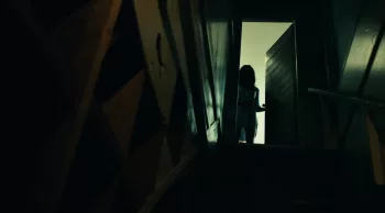 En contre-plongée, la silhouette d'une femme, peu éclairée, observe un sous-sol du haut de l'escalier qui y mène ; scène du film Fear de Deon Taylor.