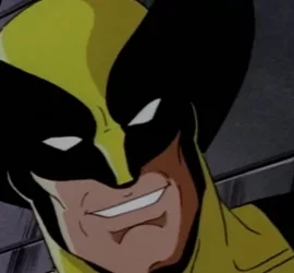 Plan rapproché-épaule, décadré, sur Wolverine qui sourit dans la série d'animation X-Men.
