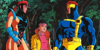 Jubile, Jean Grey et Cyclope en conciliabule, en pleine forêt, dans la série d'animation X-Men (1992).