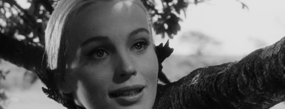 Plan rapproché-épaule sur Allyson Ames, près d'un arbre à hauteur de ses branches, en noir et blanc, issu du film Incubus.