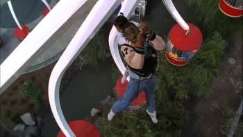 Eddie Murphy s'accroche à l'engrenage d'une grande roue pour ne pas tomber dans le vide, dans le film Le flic de Beverly Hills 3 ; les cabines rouges défilent sous ses pieds ; un enfant est sur son dos.
