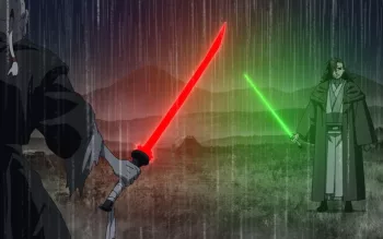 Duel sous la pluie dans la série d'animation Star Wars entre un Sith, vu de dos, en amorce, tenant son sabre rouge, et un Jedi au fond de l'image, vu de plein-pied, avec son sabre vert.