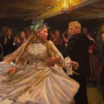 Une scène de bal, dansent un homme en noir et une jeune femme blonde en robe blanche, dans ce qui semble être un sous-sol, éclairé par des torches, sous le regard d'un public plutôt nombreux ; scène du film La jeune fille et les paysans.