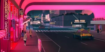 Une boulevard, passant sous un tunnel, d'une ville futuriste du film Mars Express, dont les immeubles sont colorés en rose.