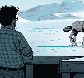 George Lucas observe le grand robot TB-TT évoluant dans la neige, dans la bande dessinée Les guerres de Lucas.