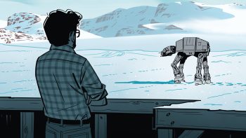 George Lucas observe le grand robot TB-TT évoluant dans la neige, dans la bande dessinée Les guerres de Lucas.