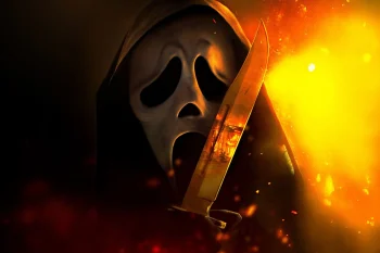 Ghostface dans le feu, tenant une une lame près de son masque ; visuel promotionnel fait par IA de Scream 7.