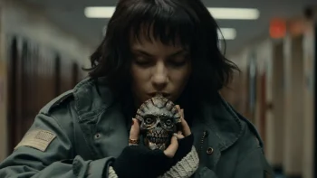 Une jeune femme est en avant-plan et tient un curieux objet entre les doigts ; l'objet a la forme d'une tête de mort et doit être un antique sifflet mésoaméricain ; la jeune femme a les yeux baissés vers l'objet ; derrière elle, on peut deviner qu'il s'agit d'un couloir d'une école ; plan du film LE SIFFLET, projeté au BIFFF 2026.