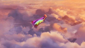 Un petit garçon vole au-dessus des nuages ; il vole selon une trajectoire oblique ; sa cape aux couleurs de l'arc-en-ciel est visible ; plan du film ARCO d'Ugo Bienvenu.