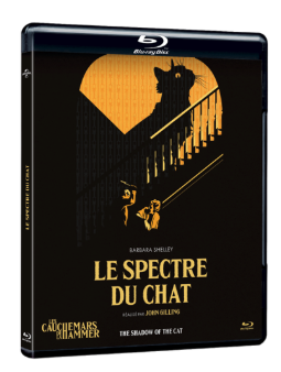 Boîtier et couverture de la réédition en Blu-Ray du film LE SPECTRE DU CHAT ; sur la cover, on aperçoit la grande ombre d'un chat sur fond jaune.