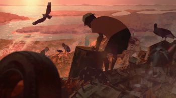 Long-métrage animé représentant un homme de dos qui ramasse des déchets dans une décharge avec la mer au loin ; on aperçoit d'autres personnages dans la décharge, avec des oiseaux et un chien ; plan du film HEART OF DARKNESS, projeté au Grindhouse Paradise 2026.