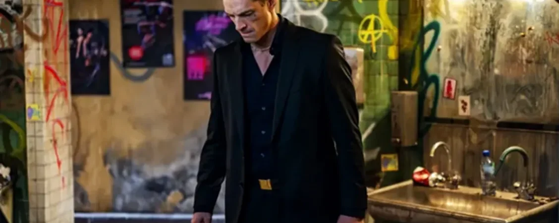 Un homme élégant, tout de noir vêtu, tient un sac en cuir dans sa main, s'apprêtant à quitter les toilettes de ce qui semble être un bar, dont les murs sont taggés ; plan issu de la série Hary Hole saison 1.