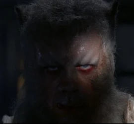 Un loup-garou aux yeux bleus et à la fourrure grise à moitié caché dans l'ombre.