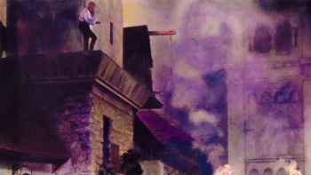 Loup-garou sur le rebord d'une maison en pierre, fumée rose à l'arrière-plan, dans un village.