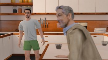 Deux hommes dont un en pyjama caleçon et l'autre en tenue de ville, dans une cuisine. Décors et personnages sont dans le style low poly caractéristique des graphismes de la Playstation 1.