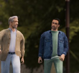 Deux hommes dans un style graphique de jeu vidéo de Playstation 1 en low poly semble discuter dans la rue dans le film Le Vertige de Quentin Dupieux