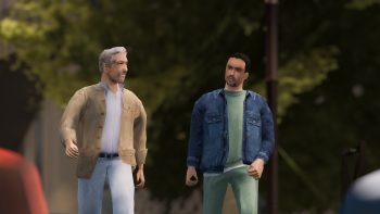 Deux hommes dans un style graphique de jeu vidéo de Playstation 1 en low poly semble discuter dans la rue dans le film Le Vertige de Quentin Dupieux