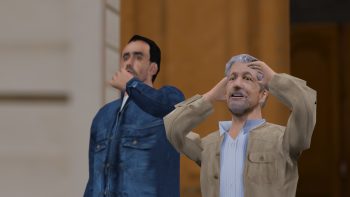 Deux hommes surpris et effrayés par un événement hors champs. Ils sont dans un style graphique low poly façon Playstation 1.