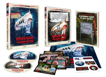 Couverture (cover) et matériel de la réédition 2K Blu-ray et DVD du film MASSACRE AU CAMP D'ETE, par ESC Editions.