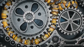 Pleins de Minions se retrouvent coincés dans les rouages d'une machine comme dans le film de Charlie Chaplin, "Les Temps Modernes" ; la plupart des créatures jaunes sont coincées autour d'une grande roue crantée, à gauche du plan, passant ensuite vers une plus petite route, à droite du plan ; plan du film DES MINIONS ET DES MONSTRES, de Pierre Coffin.