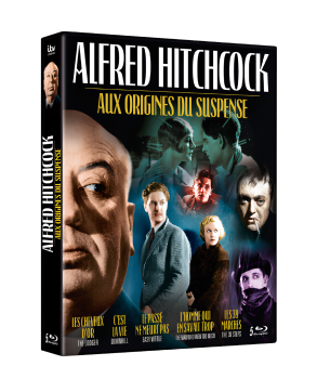 Visuel (cover) du coffret Blu-ray "Alfred Hitchcock : Aux origines du suspense" comprenant les cinq films de Hitchcock analysés dans cet article et réédités par Elephant Films.