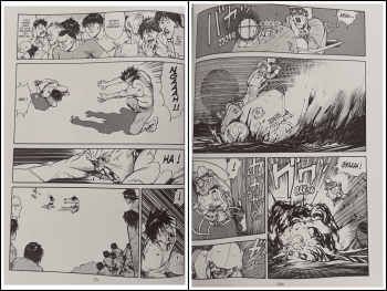Deux pages de manga en noir et blanc ; à gauche, au milieu d'une foule paniquée, un homme bondit sur un enfant et le plaque au sol ; à droite, un véhicule lancé à vive allure dérape dans un nuage de poussière et passe au-dessus d'eux, tandis qu'ils restent couchés face contre terre ; pages tirées du manga AKIRA.