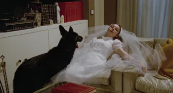 la-créature-eloy-iglesia-chien-mariée-artus-2026 Dans un salon, une jeune mariée en robe blanche est affalée dans un fauteuil, son long voile déployé autour d’elle ; face à elle, un grand chien noir se tient dressé, la gueule ouverte ; plan du film LA CREATURE, réédité par Artus Films.