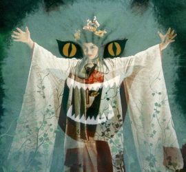Démon folklorique japonais prenant la forme d'une femme habillée en geisha ; avec en surimpression un portrait démoniaque de chat blanc ; plan issu du film house de Nobuhiko Obayashi.