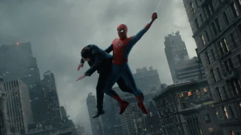 Spider-Man se balance au-dessus de New York en tenant une femme dans ses bras.