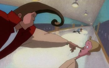 Un sportif balèze pointe du doigt un petit geek blondinet ; dans un couloir de lycée ; plan issu du film Hair high de Bill Plympton.