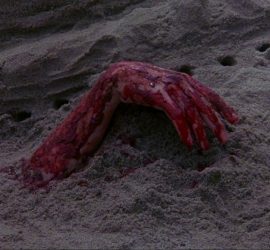 Une main ensanglantée dépasse du sable ; sur une plage ; plan issu du film le silence qui tue de Denny Harris.